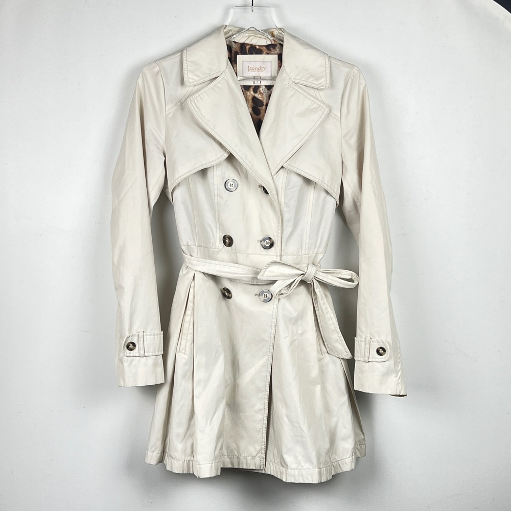 Laundry Short Trench Coat Women Small Cream Ivory Leopard Luxury Belt Minimalist